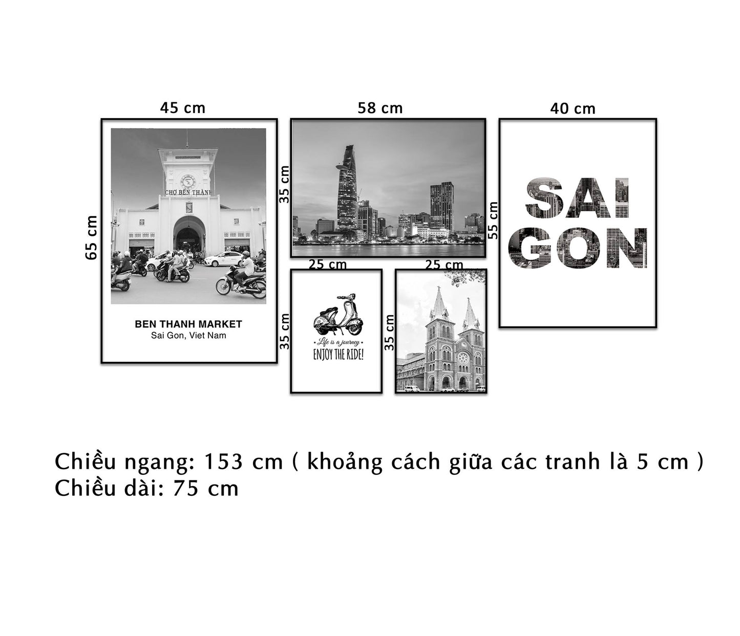 Bộ 5 Tranh Địa Điểm Sài Gòn Cổ Điển - NT076