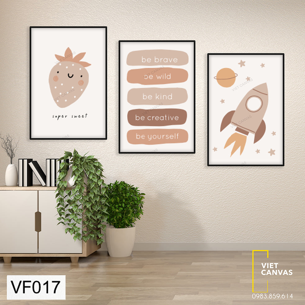 Bộ 3 Tranh Trái Dâu , Tên Lửa Và Câu Nói Trang Trí Phòng Cho Bé - VF017