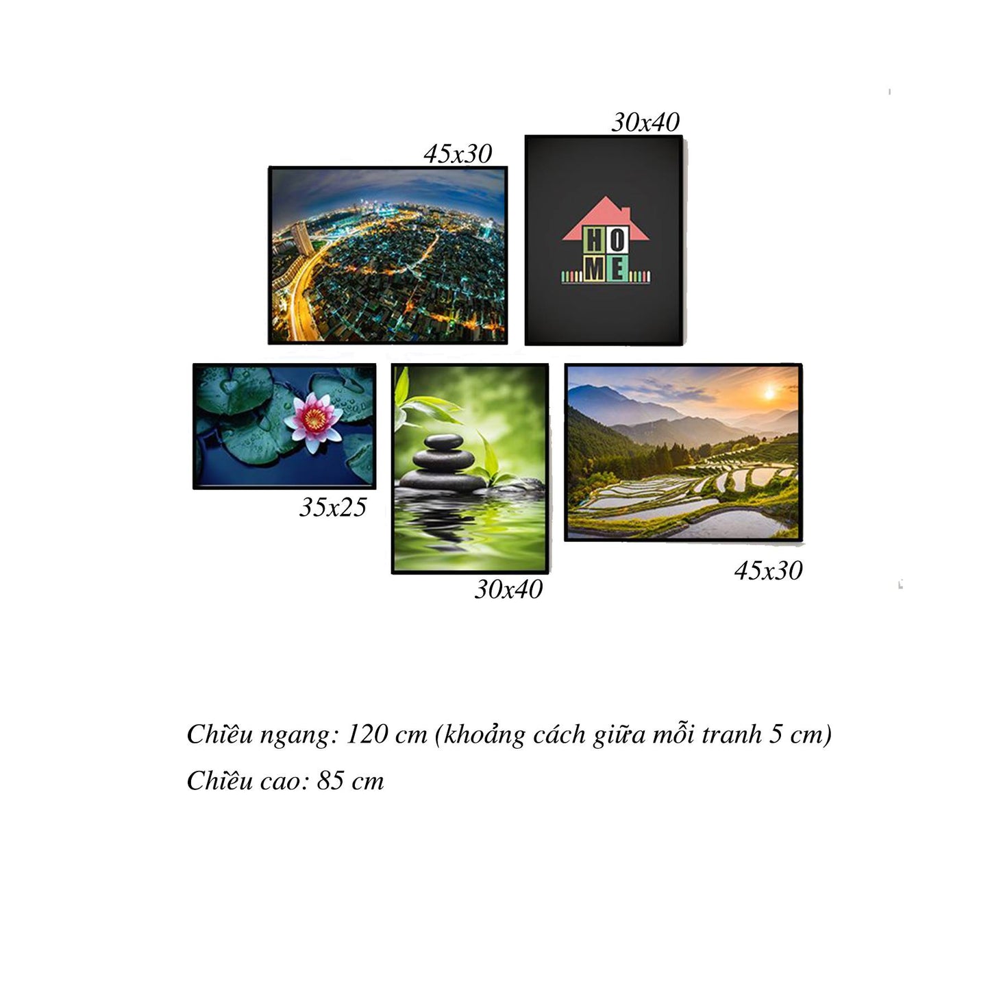 Bộ 5 Tranh Cảnh Thành Phố, Hoa Súng, Ruộng Bậc Thang, Hồ Nước Và Quotes - HD063