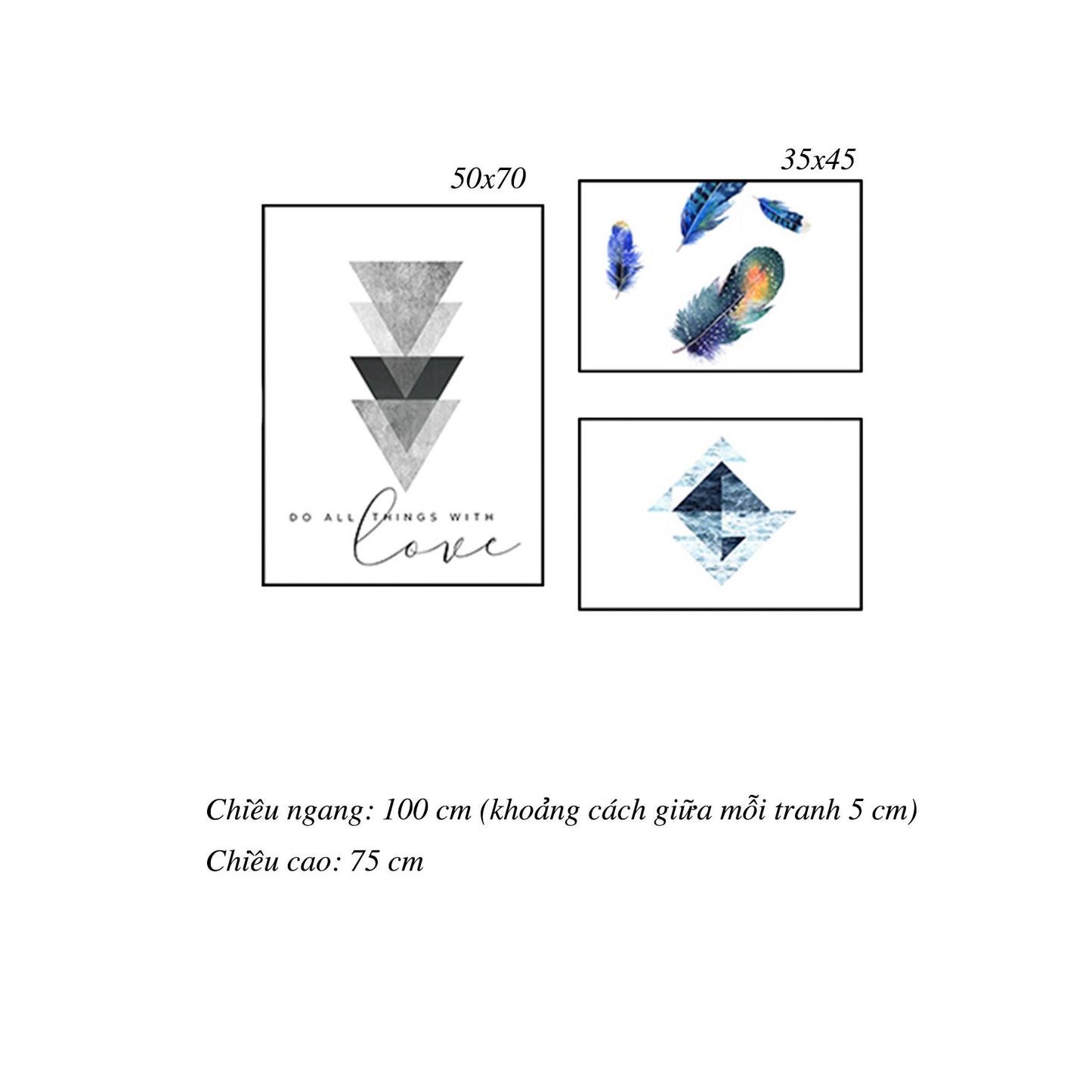 Bộ 3 Tranh Lông Vũ Và Hình Học - HD071
