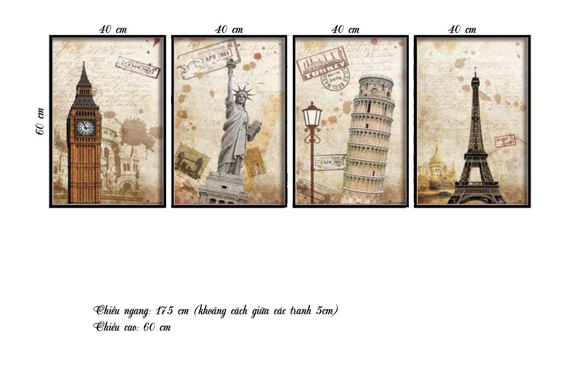 Bộ 4 Tranh Tháp Big Ben, Tháp Eiffel, Tượng Nữ Thần Tự Do Và Tháp Nghiêng - HD226