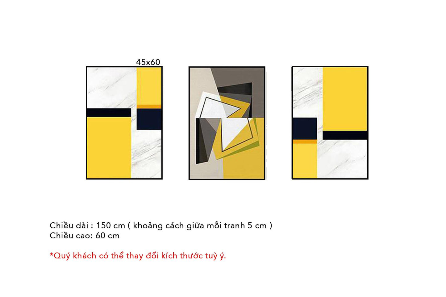 Bộ 3 Tranh Trừu Tượng Vàng Trắng Xám - HD147