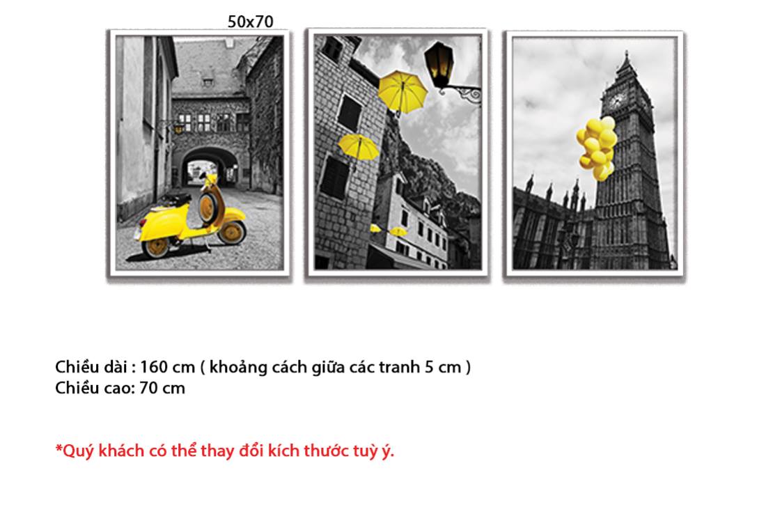 Bộ 3 Tranh Chiếc Ô, Xe Máy Và Những Quả Bong Bóng Bên Khu Phố - HD318