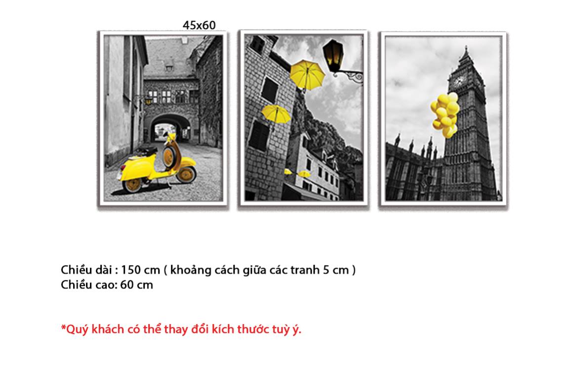 Bộ 3 Tranh Chiếc Ô, Xe Máy Và Những Quả Bong Bóng Bên Khu Phố - HD318