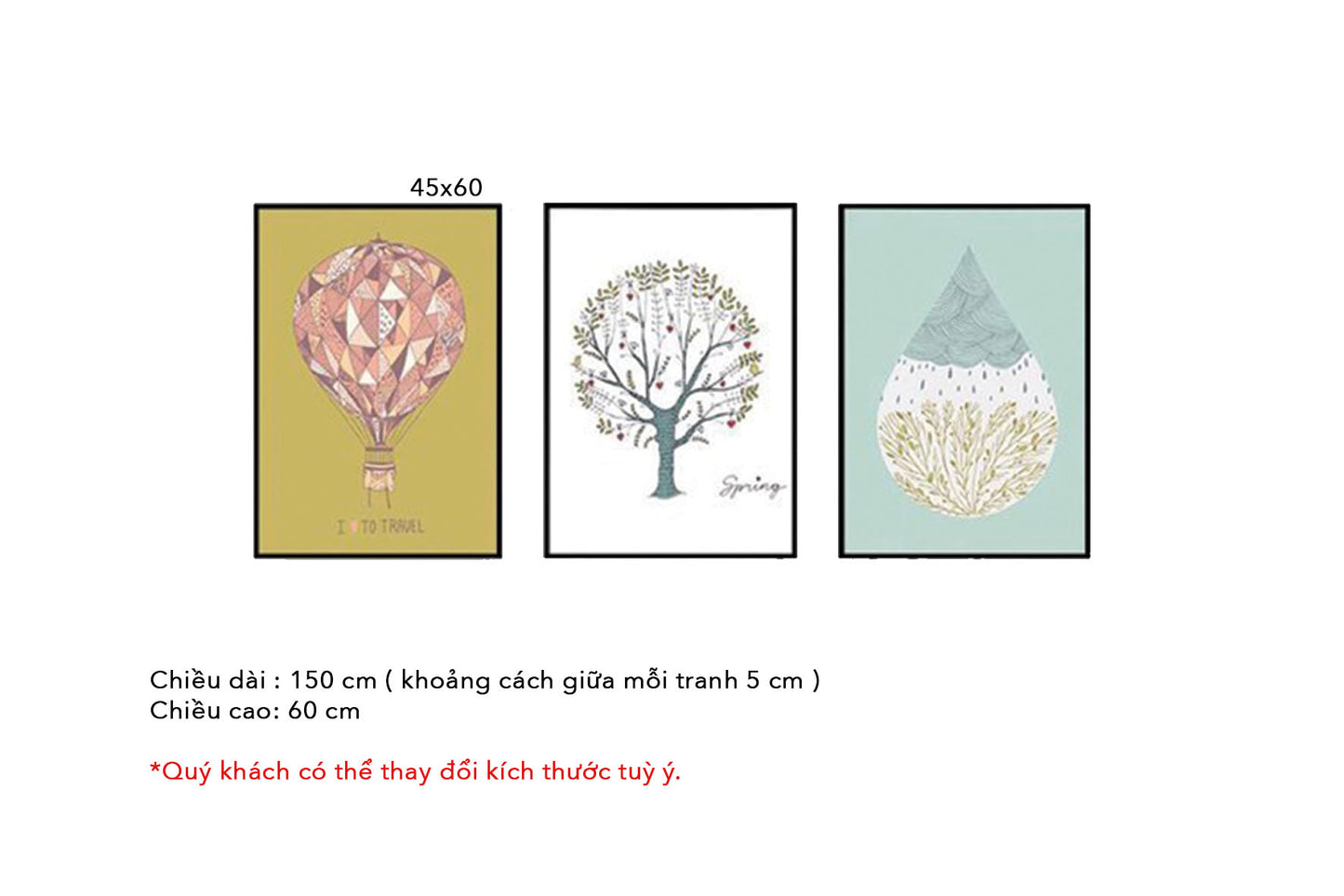 Bộ 3 Tranh Cây, Khinh Khí Cầu Và Hình Giọt Nước - HD198