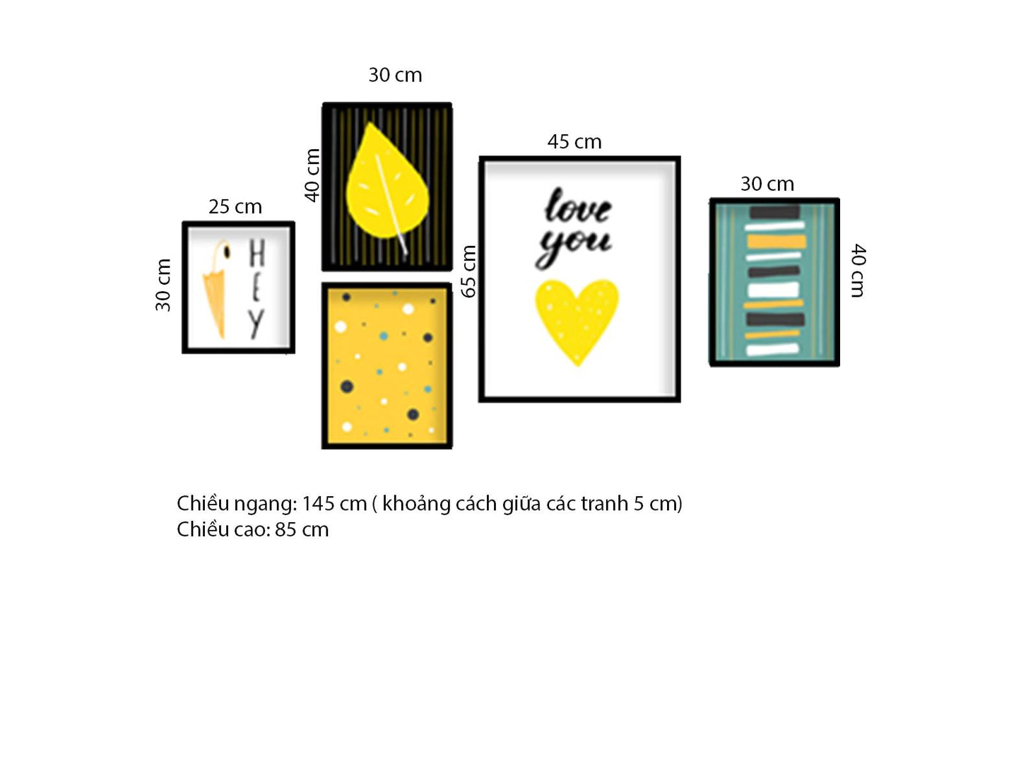 Bộ 5 Tranh Lá Cây, Trái Tim Màu Vàng Và Trừu Tượng - HD461