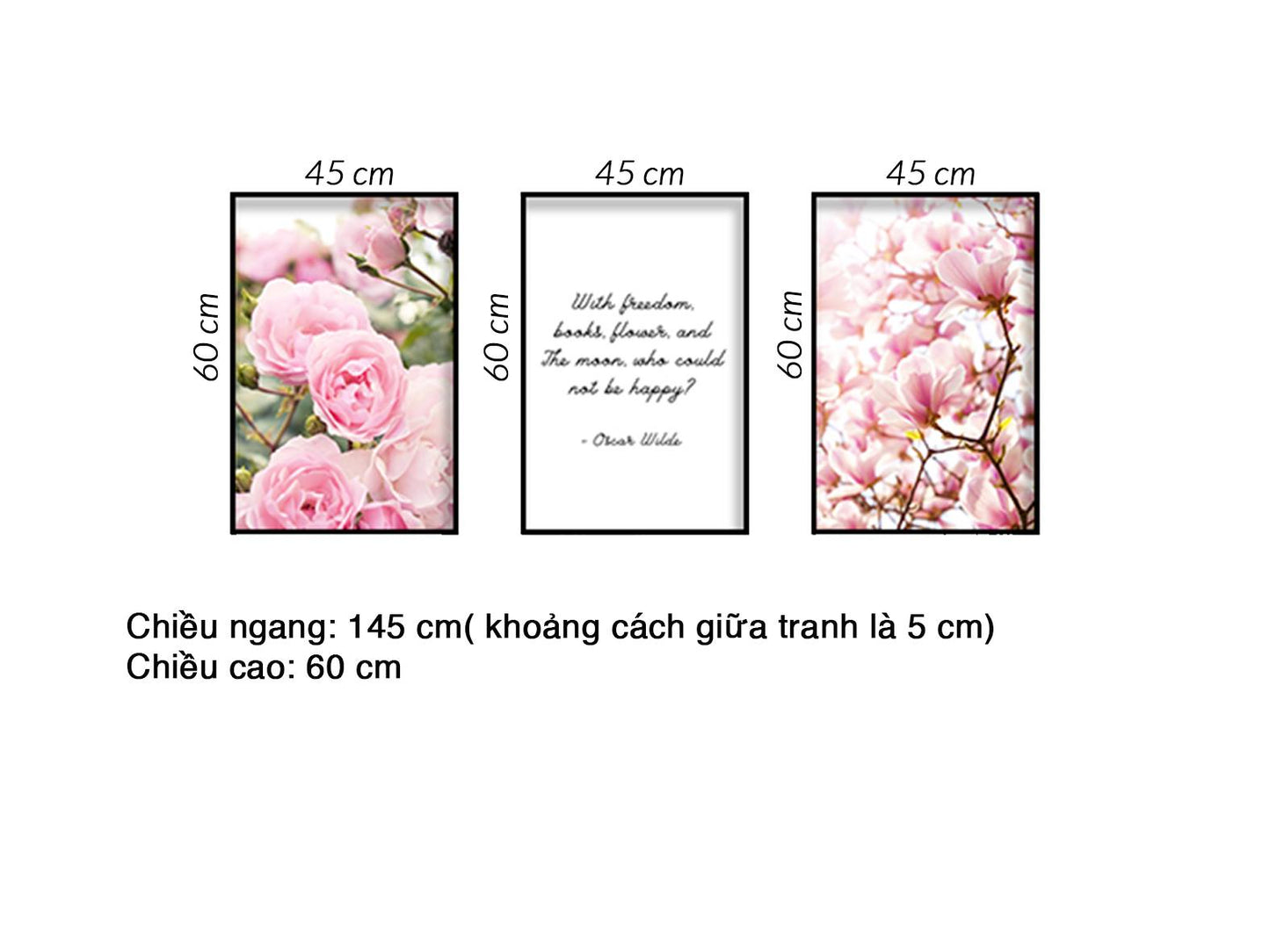 Bộ 3 Tranh Hoa Hồng, Hoa Đào Và Quotes - HD485