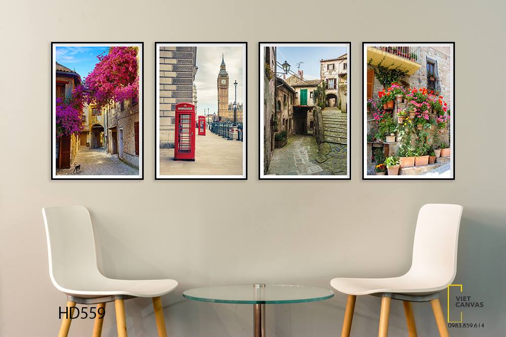 Bộ 4 Tranh Tháp Eiffel Và Dàn Hoa Bên Khu Phố - HD559