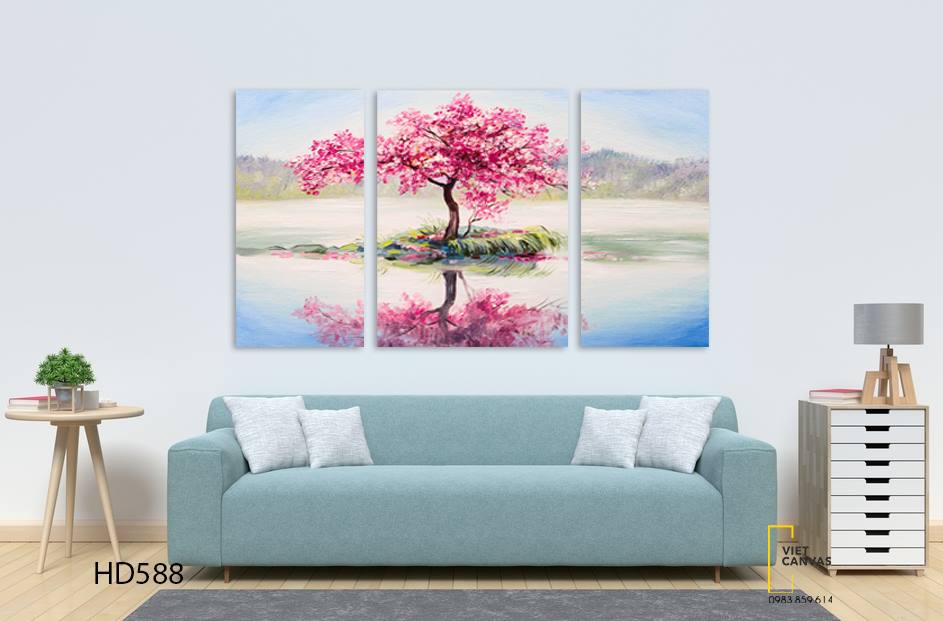 Bộ 3 Tranh Hoa Anh Đào Giữa Hồ - HD588