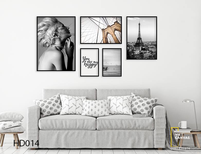Bộ 5 Tranh Cô Gái, Tháp Eiffel Và Quotes You Are My Happy - HD014