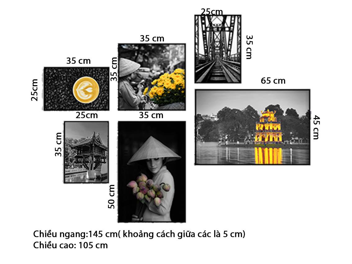Bộ 6 Tranh Capuchina, Chiếc Cầu, Chùa Một Cột, Hồ Hoàn Kiếm Và Cô Gái Bên Bó Hoa - HD565