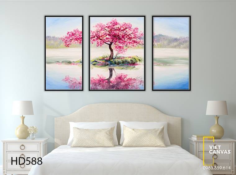 Bộ 3 Tranh Hoa Anh Đào Giữa Hồ - HD588