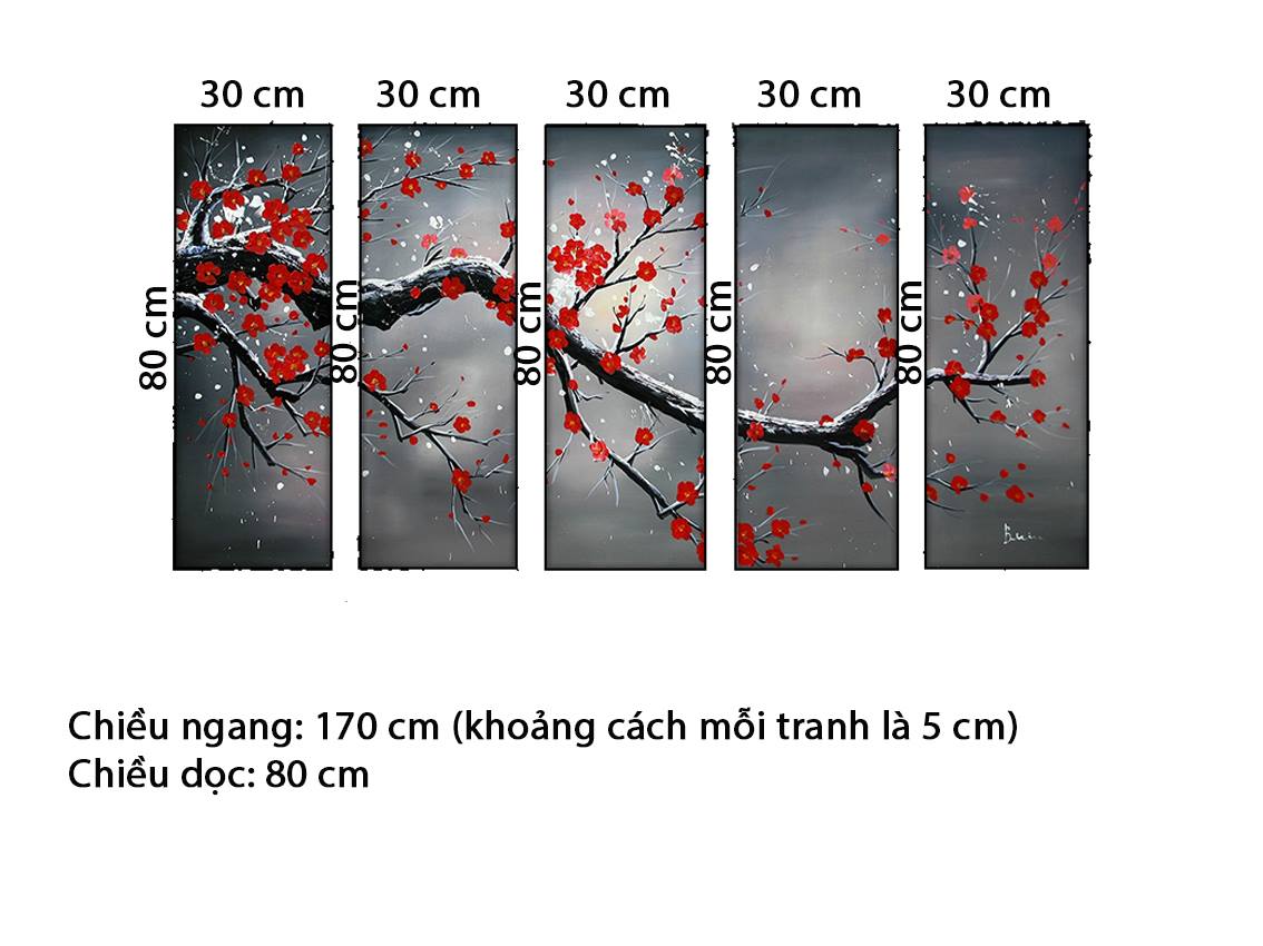 Bộ 5 Tranh Hoa Đào Đỏ - HD264