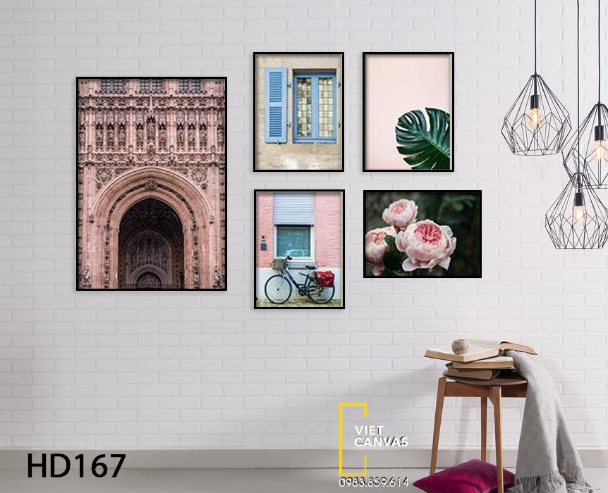 Bộ 5 Tranh Chiếc Xe, Khung Cửa Sổ, Lá Cây, Hoa Và Tòa Nhà Cổ Điển - HD167
