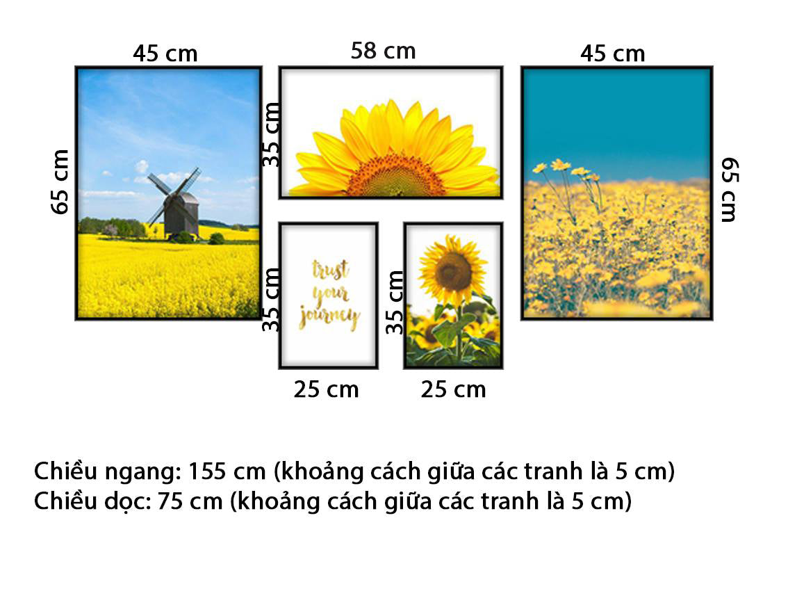 Bộ 5 Tranh Rừng Hoa Hướng Dương, Cối Xay Gió Và Quotes - HD604