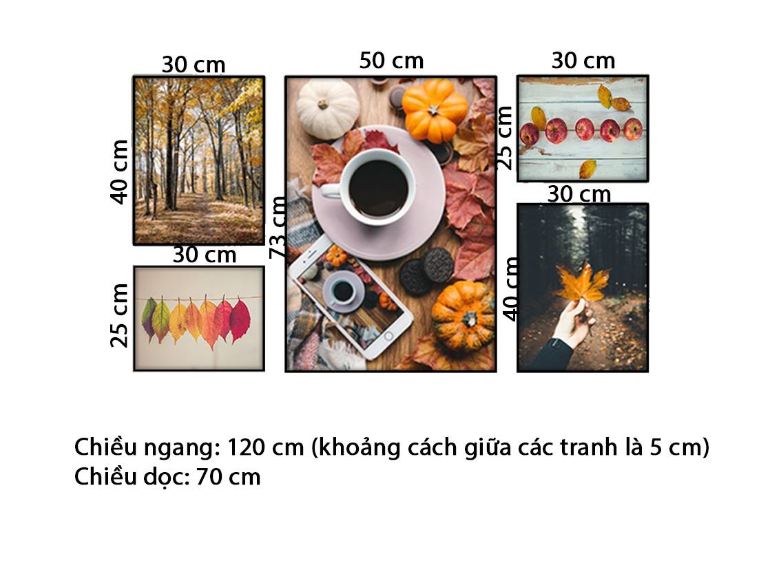 Bộ 5 Tranh Những Chiếc Lá Mùa Thu, Rừng Cây Và Tách Cà Phê - HD615