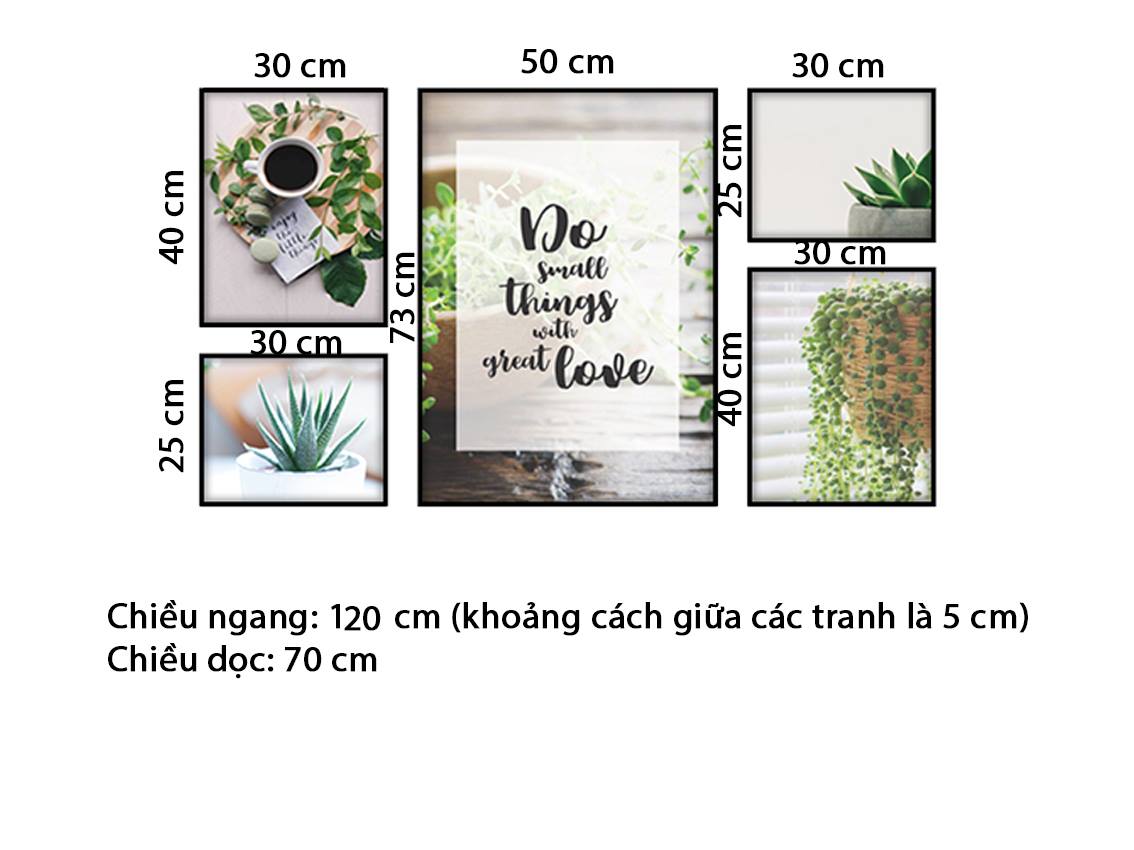 Bộ 5 Tranh Tách Cà Phê, Chậu Xương Rồng Và Nhành Lá Xanh - HD627