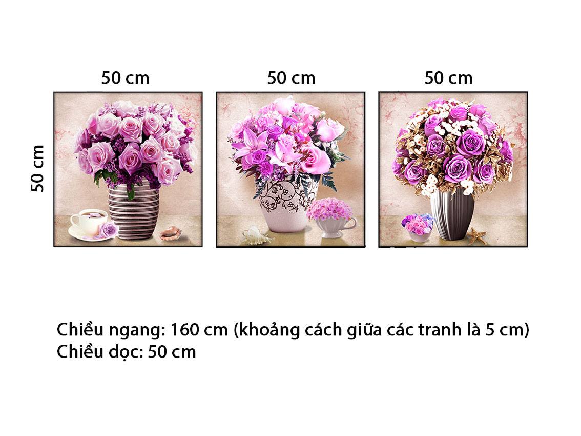 Bộ 3 Tranh Bình Hoa Hồng Tím - HD620