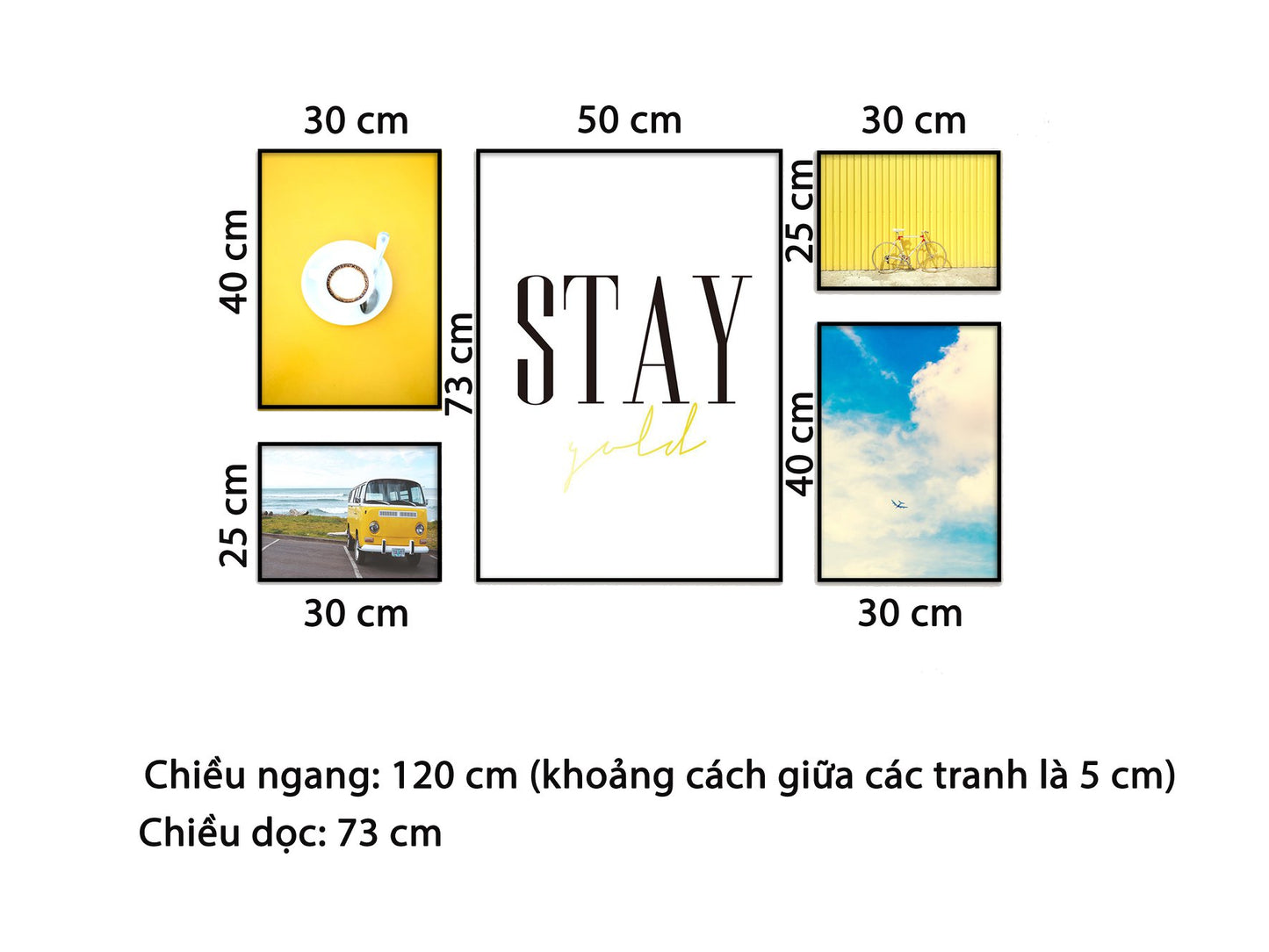 Bộ 5 Tranh Tách Cà Phê, Những Chiếc Xe, Bầu Trời Và Quotes Stay Gold - HD687