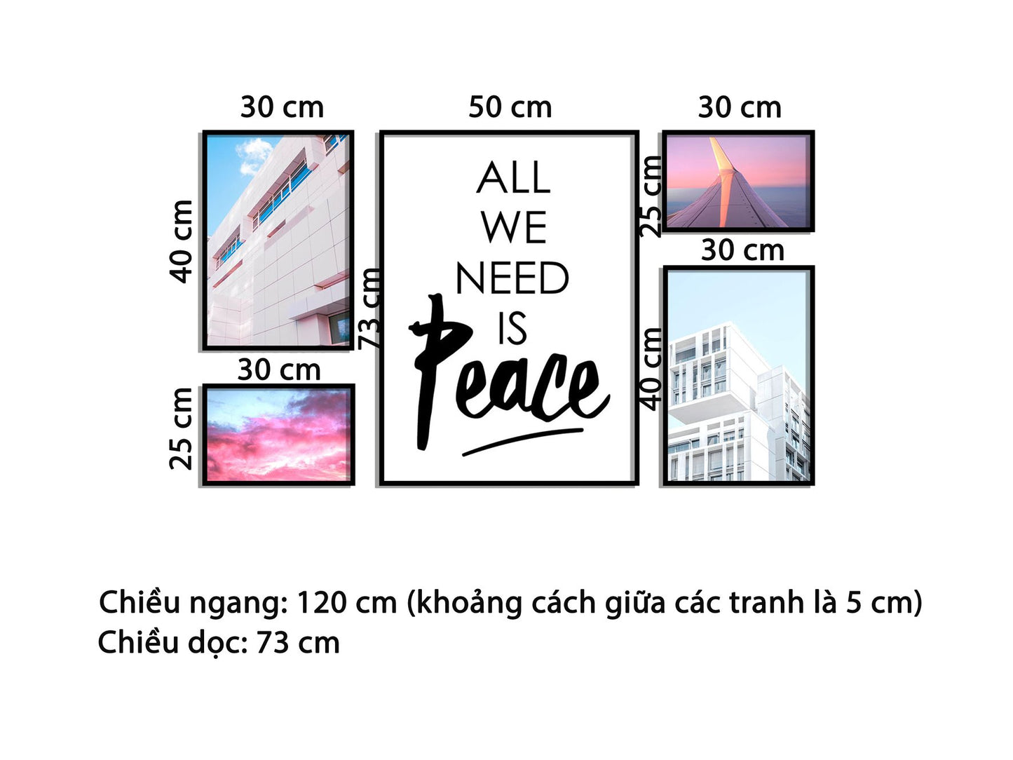 Bộ 5 Tranh Tòa Nhà, Bầu Trời Và Quotes All We Need Is Peace - HD695