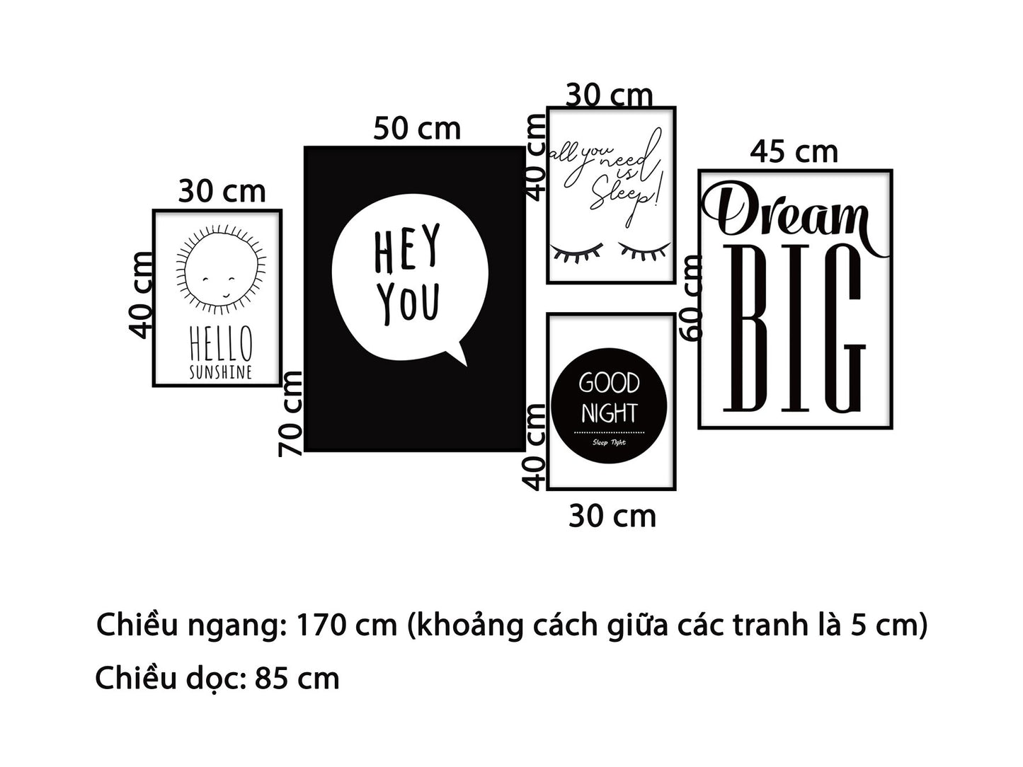 Bộ 5 Tranh Quotes Trắng Đen - HD700