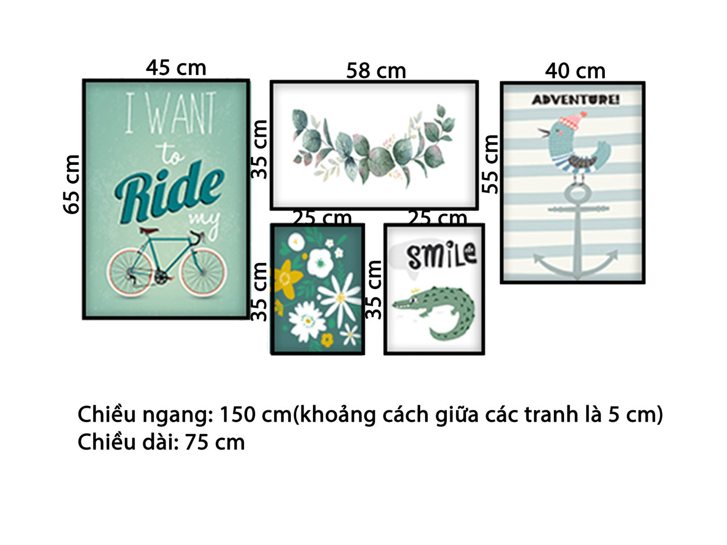 Bộ 5 Tranh Cánh Hoa Lá, Chiếc Xe Đạp, Chú Cá Sấu Và Con Chim - HD661