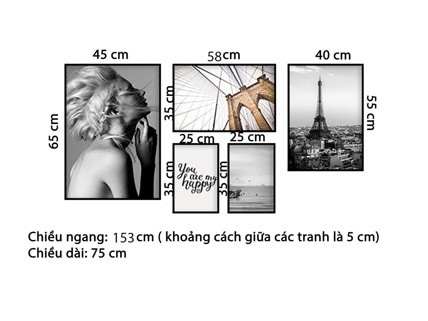 Bộ 5 Tranh Cô Gái, Tháp Eiffel Và Quotes You Are My Happy - HD014