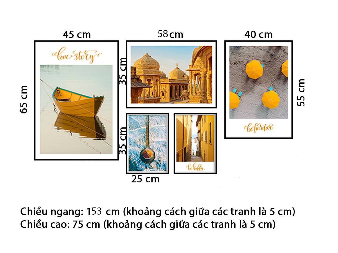 Bộ 5 Tranh Chiếc Xuồng, Khu Đền Cổ Và Những Chiếc Ô - HD205