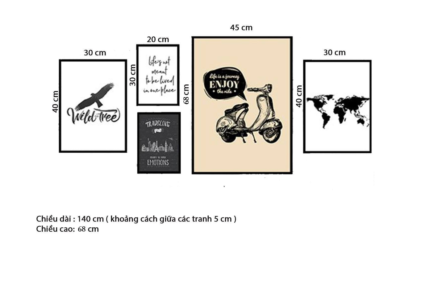 Bộ 5 Tranh Vespa, Bản Đồ Và Quotes Cổ Điển - HD162