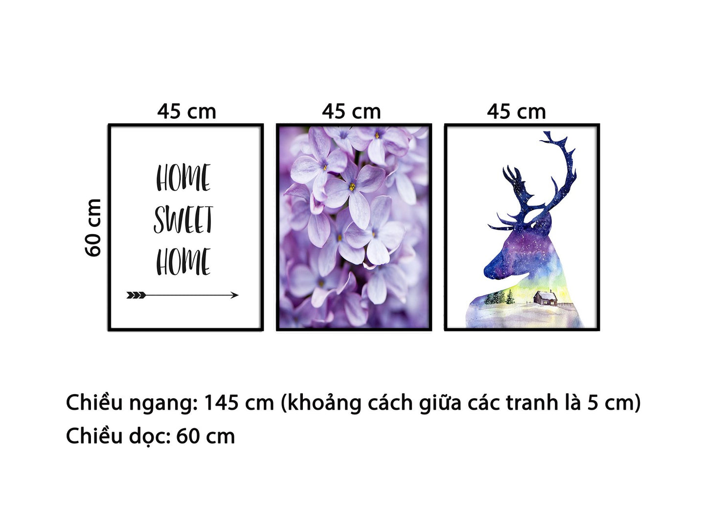 Bộ 3 Tranh Hươu, Hoa Tím Và Quotes - HD782