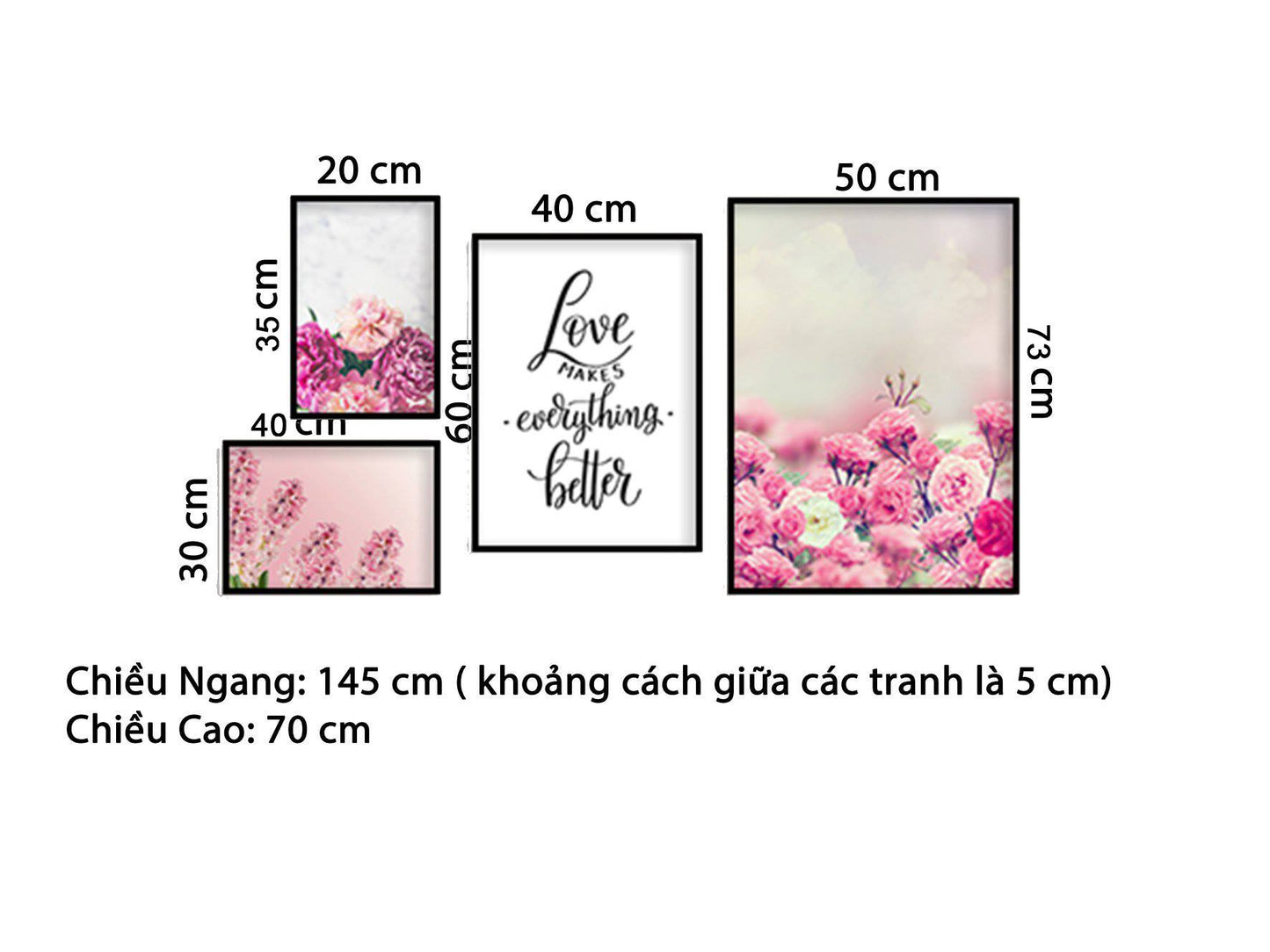 Bộ 4 Tranh Hoa Hồng Và Quotes Love Makes Everything Better - HD516
