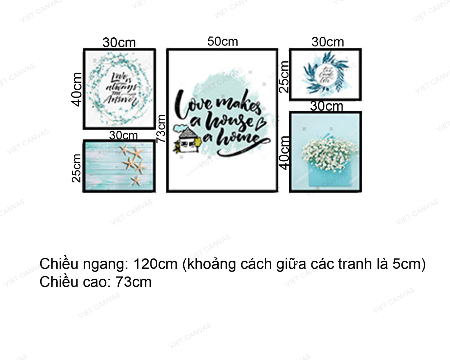 Bộ 5 Tranh Hoa, Sao Biển Và Quotes Love Makes House A Home - HD035