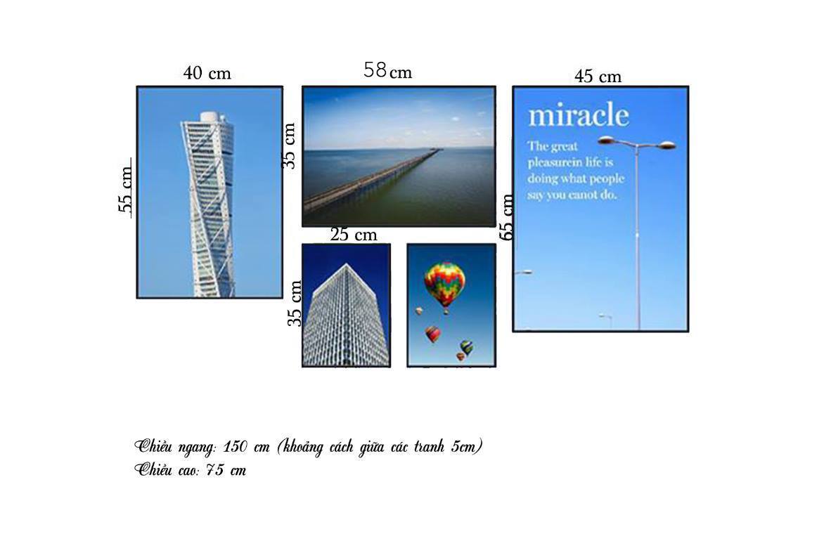 Bộ 5 Tranh Tòa Nhà, Cây Cầu, Khinh Khí Cầu Và Quotes - HD154