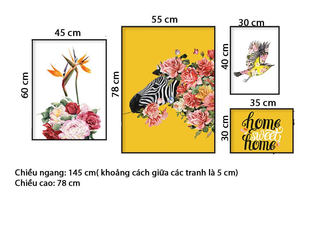 Bộ 4 Tranh Vườn Hoa, Chú Chim, Ngựa Vằn Và Quotes - HD551