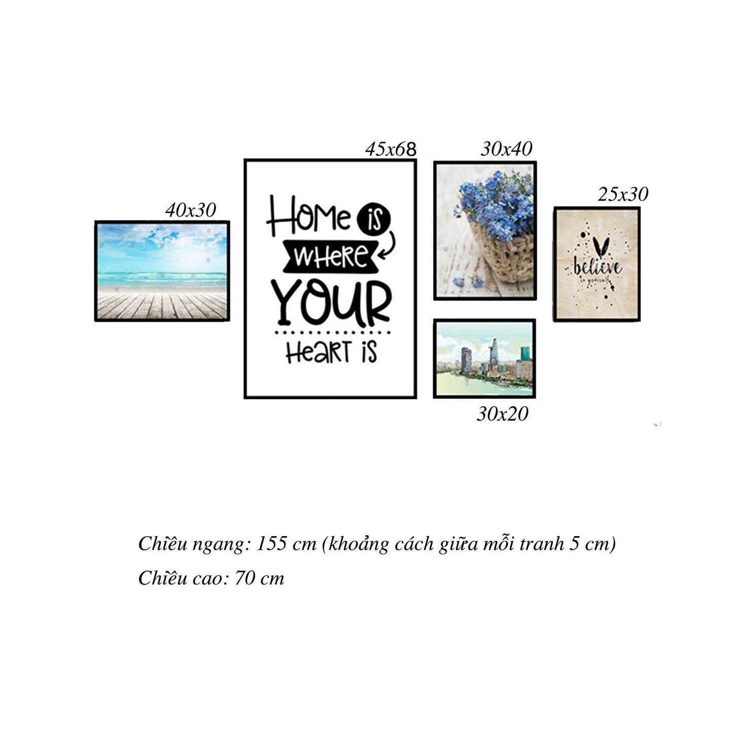 Bộ 5 Tranh Hoa, Biển, Thành Phố Và Quotes - HD096