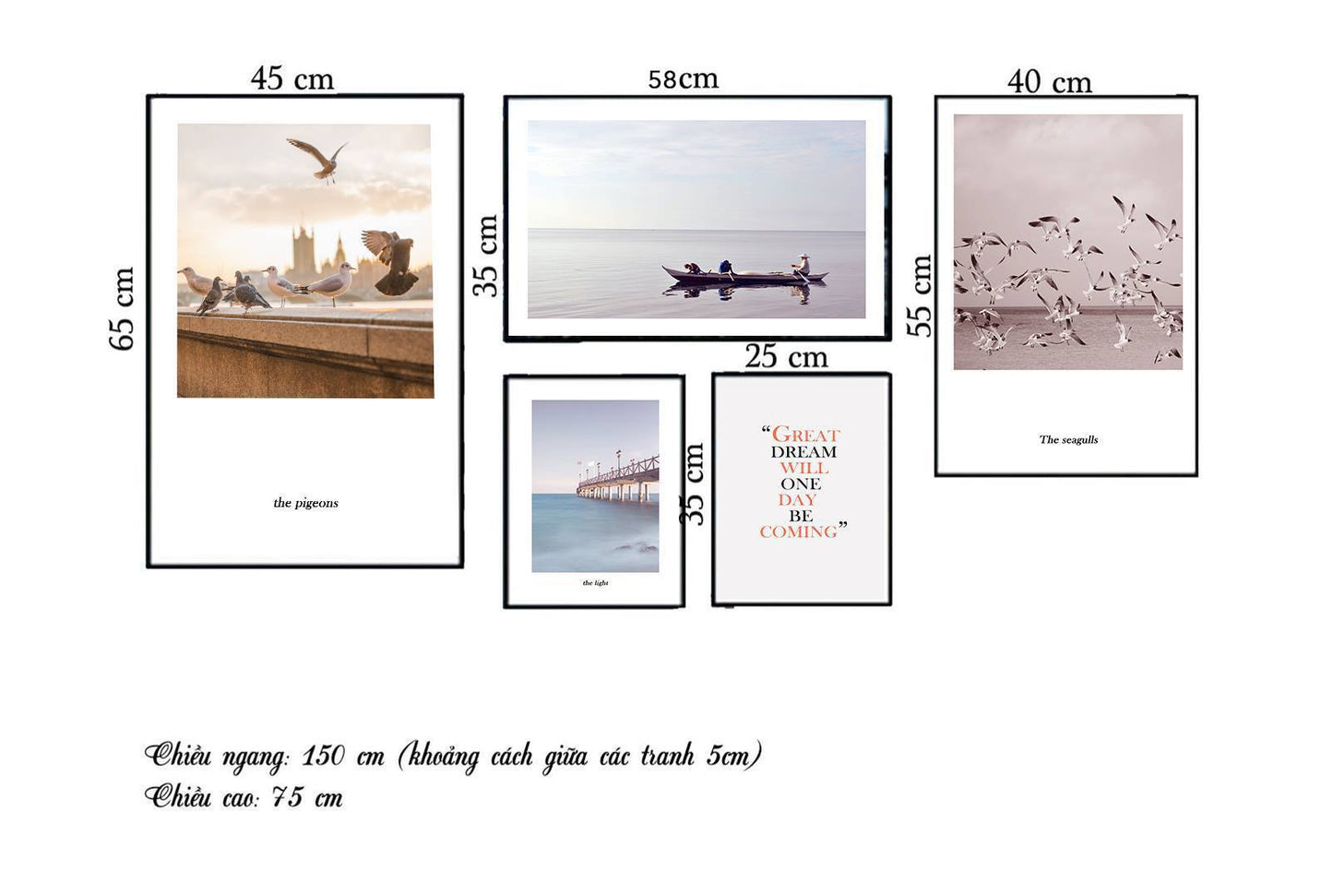 Bộ 5 Tranh Vẻ Đẹp Của Biển, Đàn Chim Bay Và Quotes - HD352