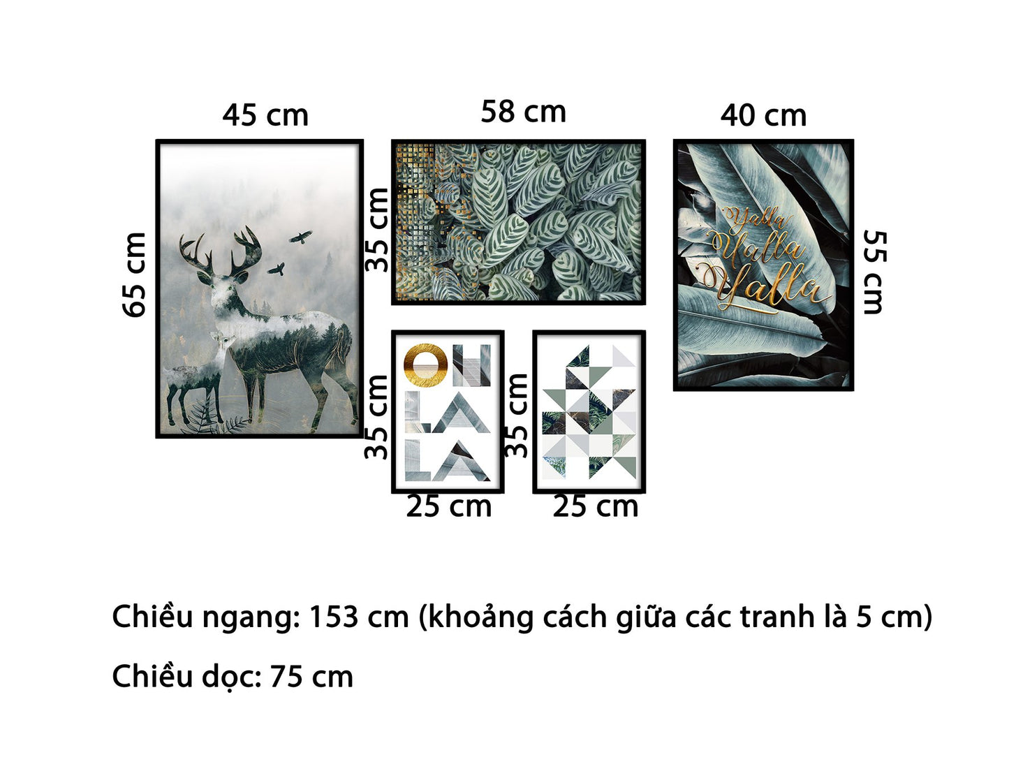 Bộ 5 Tranh Hươu, Vườn Lá Cây Và Quotes Ohlala - HD779