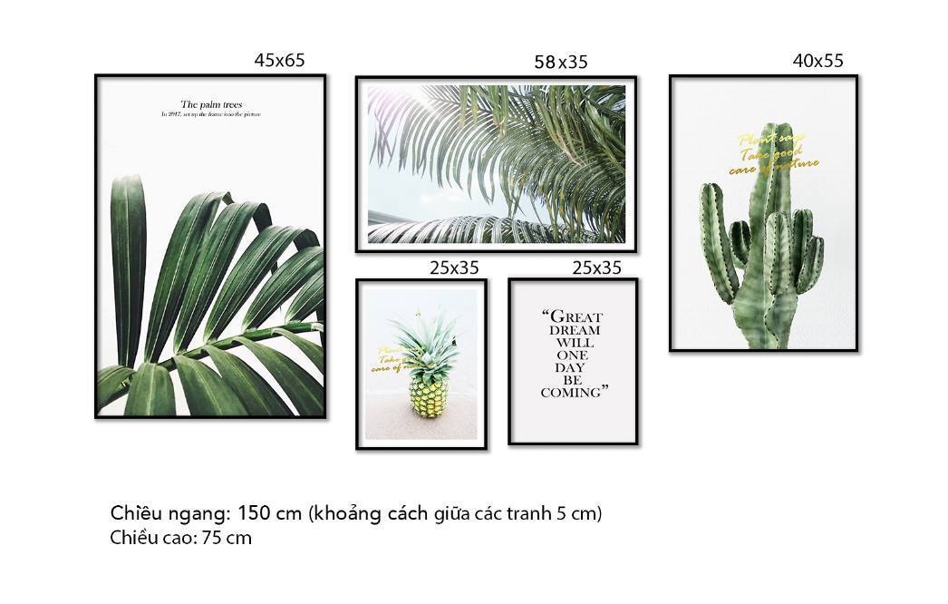 Bộ 5 Tranh Lá Cây, Xương Rồng, Quả Dứa Và Quotes - HD358