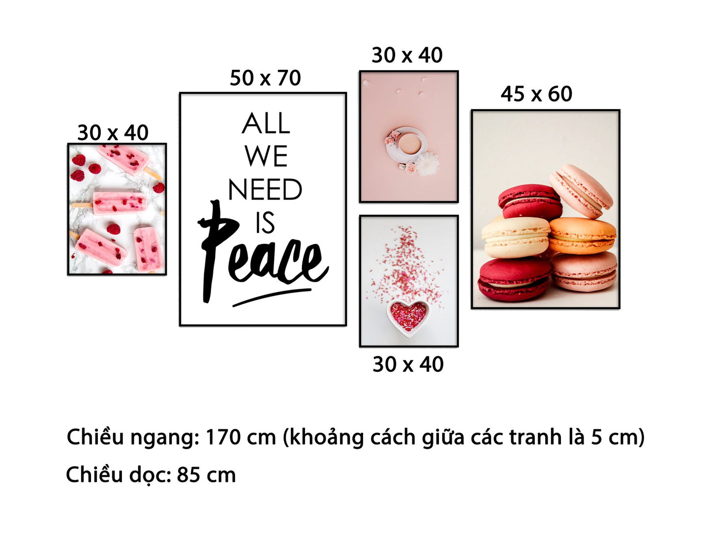 Bộ 5 Tranh Những Chiếc Bánh Ngọt Và Quotes All We Need Is Peace - HD810