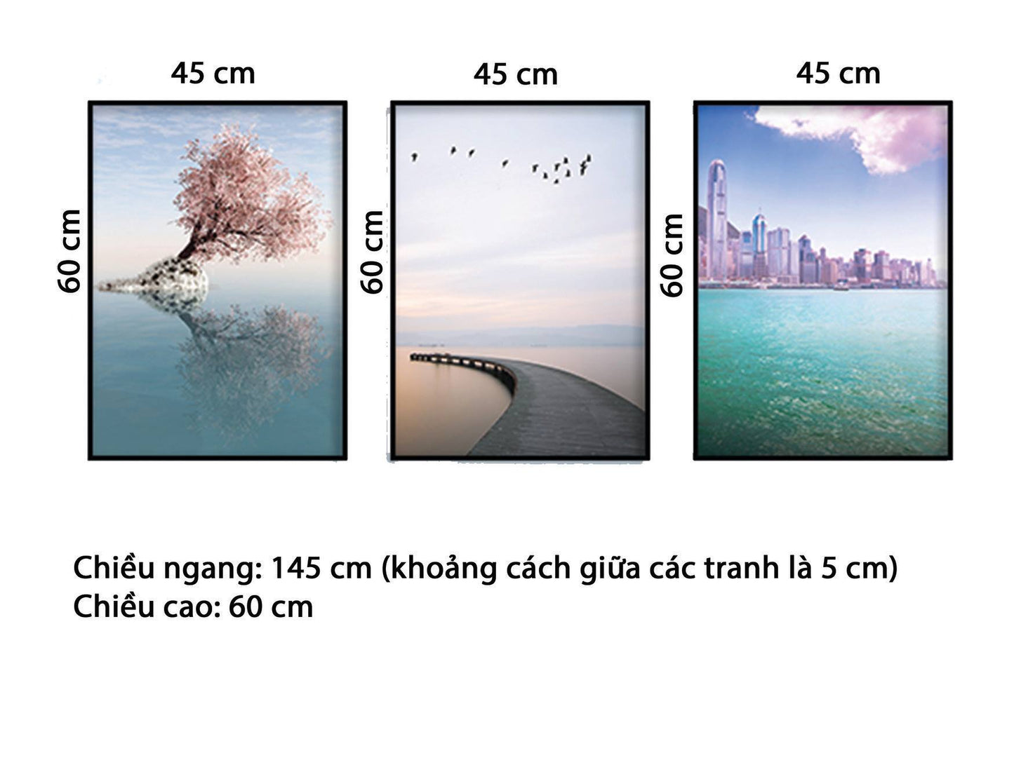 Bộ 3 Tranh Cành Cây, Chiếc Cầu Và Thành Phố Bên Biển - HD884