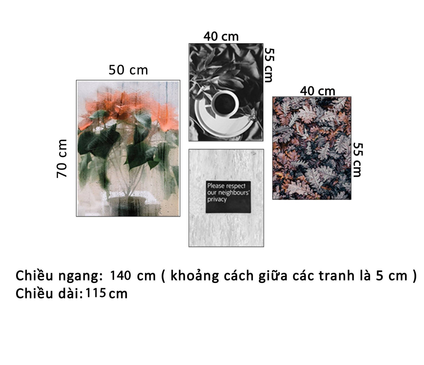 Bộ 4 Tranh Hoa Lá, Tách Cà Phê Và Quotes - HD903