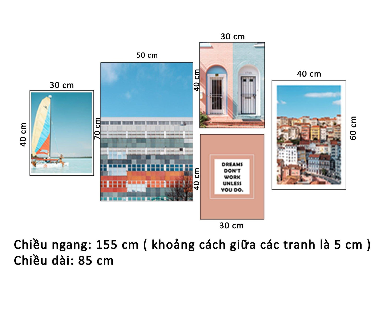 Bộ 5 Tranh Thành Phố Sắc Màu, Khung Cửa Sổ, Cánh Buồm Và Quotes - HD904