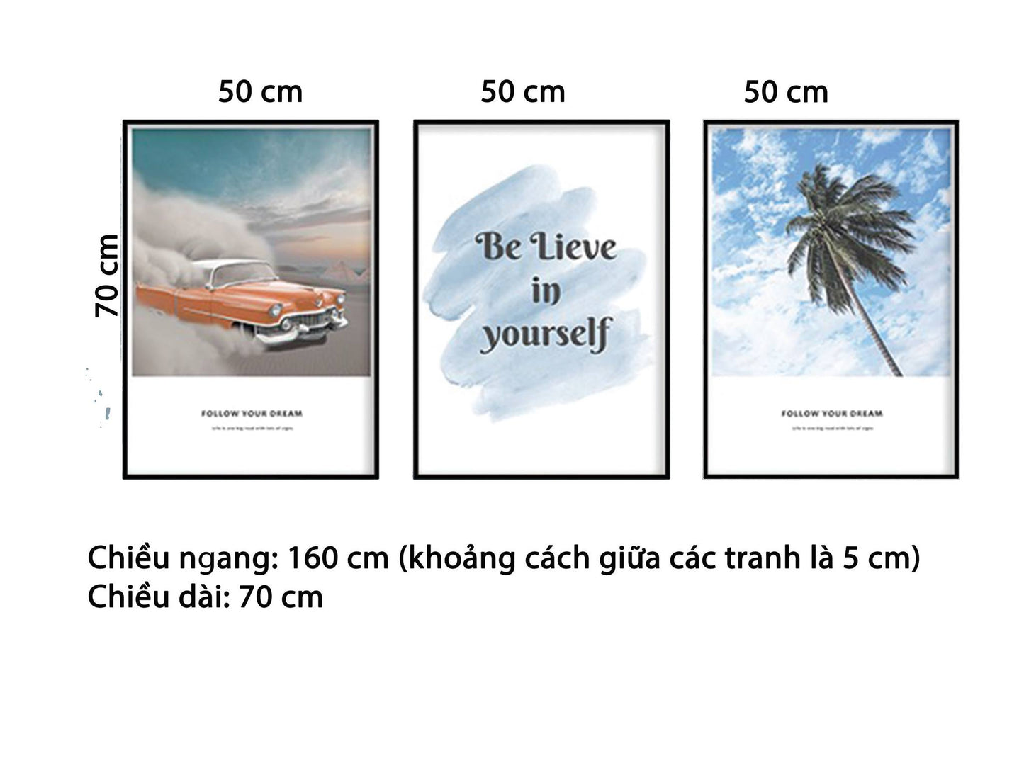 Bộ 3 Tranh Chiếc Xe Cổ, Cây Dừa Và Quotes Belive In Youself - HD883