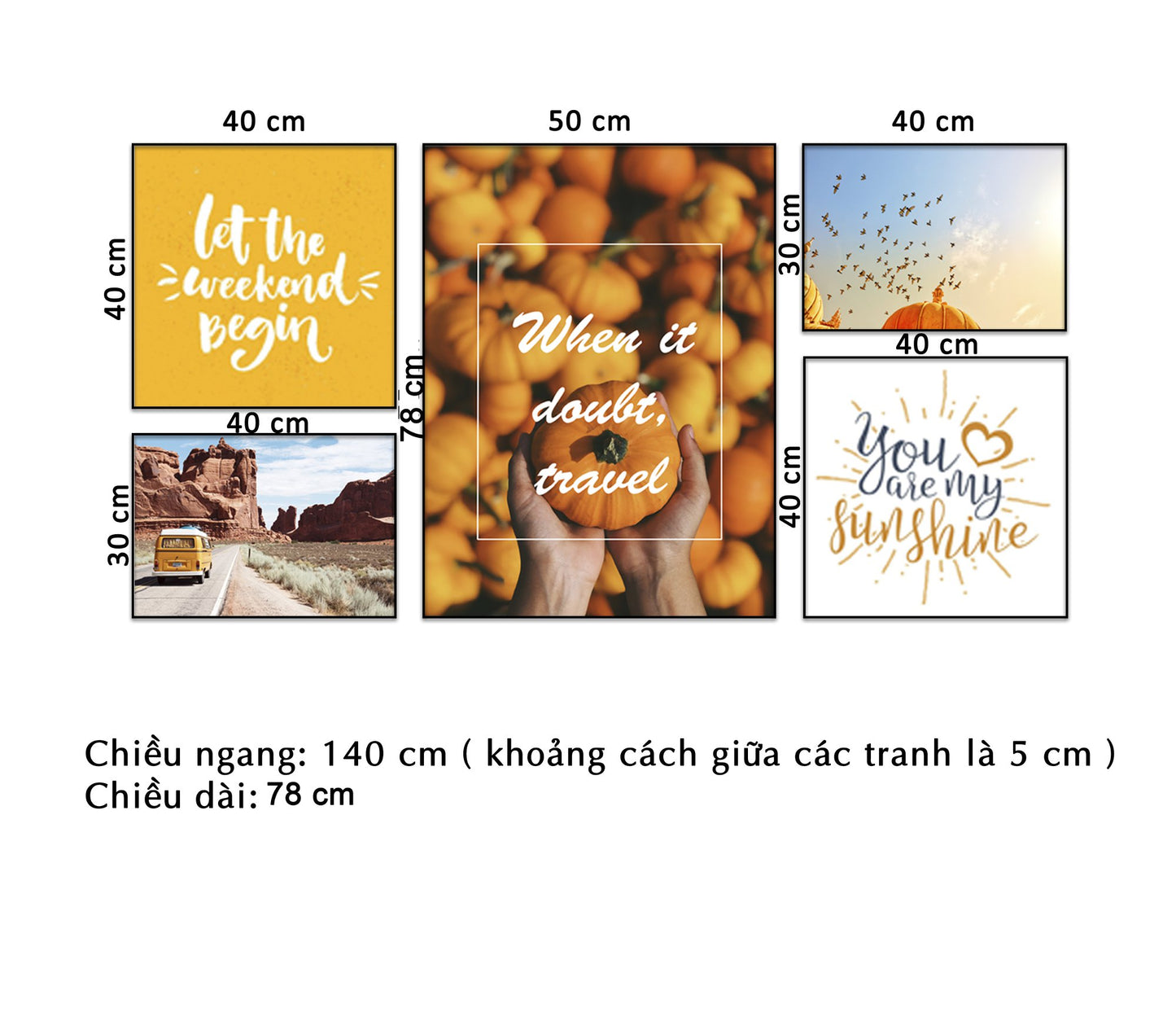 Bộ 5 Tranh Những Quả Bí, Bầu Trời, Đường Đến Sa Mạc Và Quotes - NT063