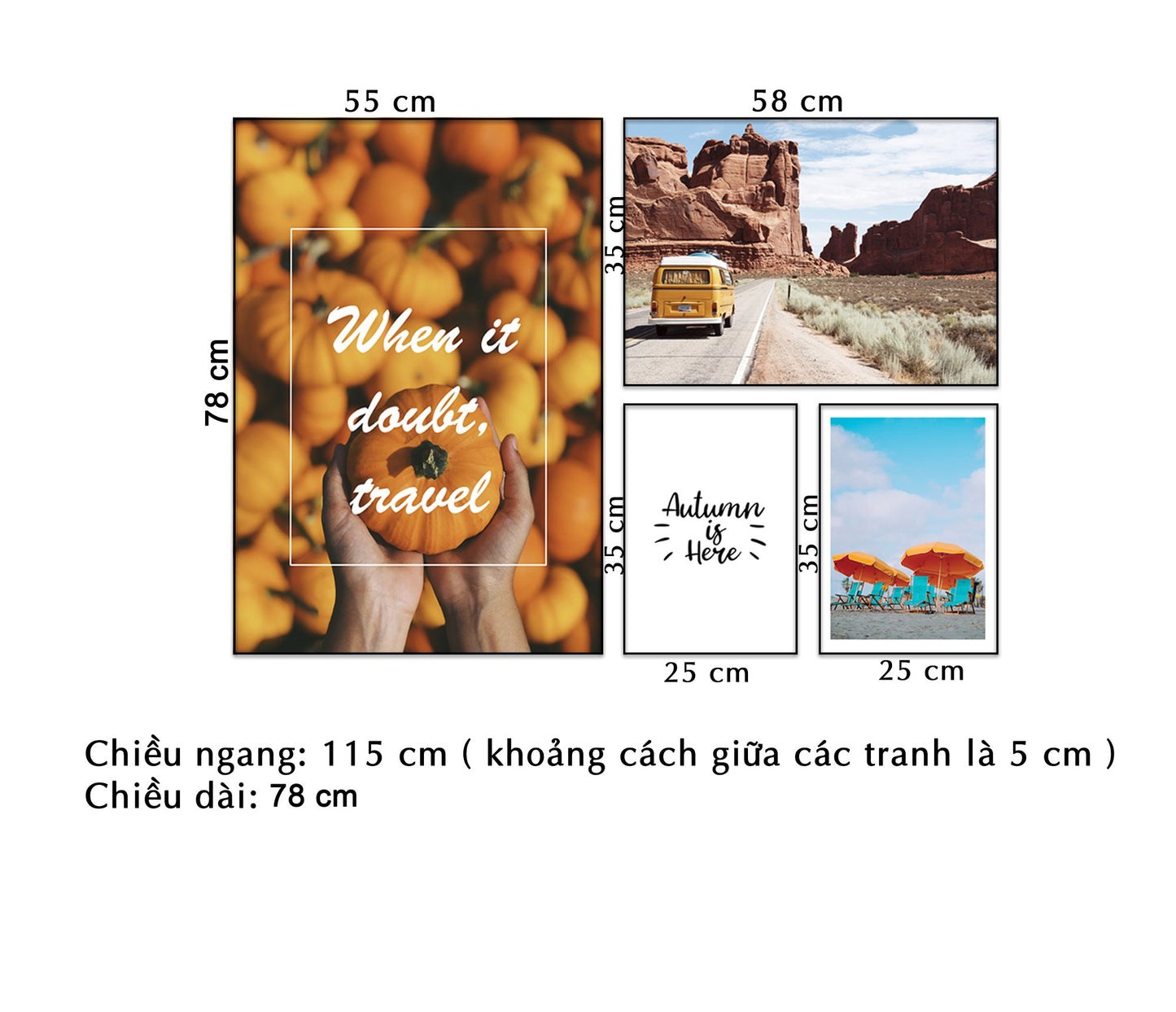 Bộ 4 Tranh Bí Đỏ, Đường Đến Sa Mạc, Những Chiếc Ô Và Quotes - NT057