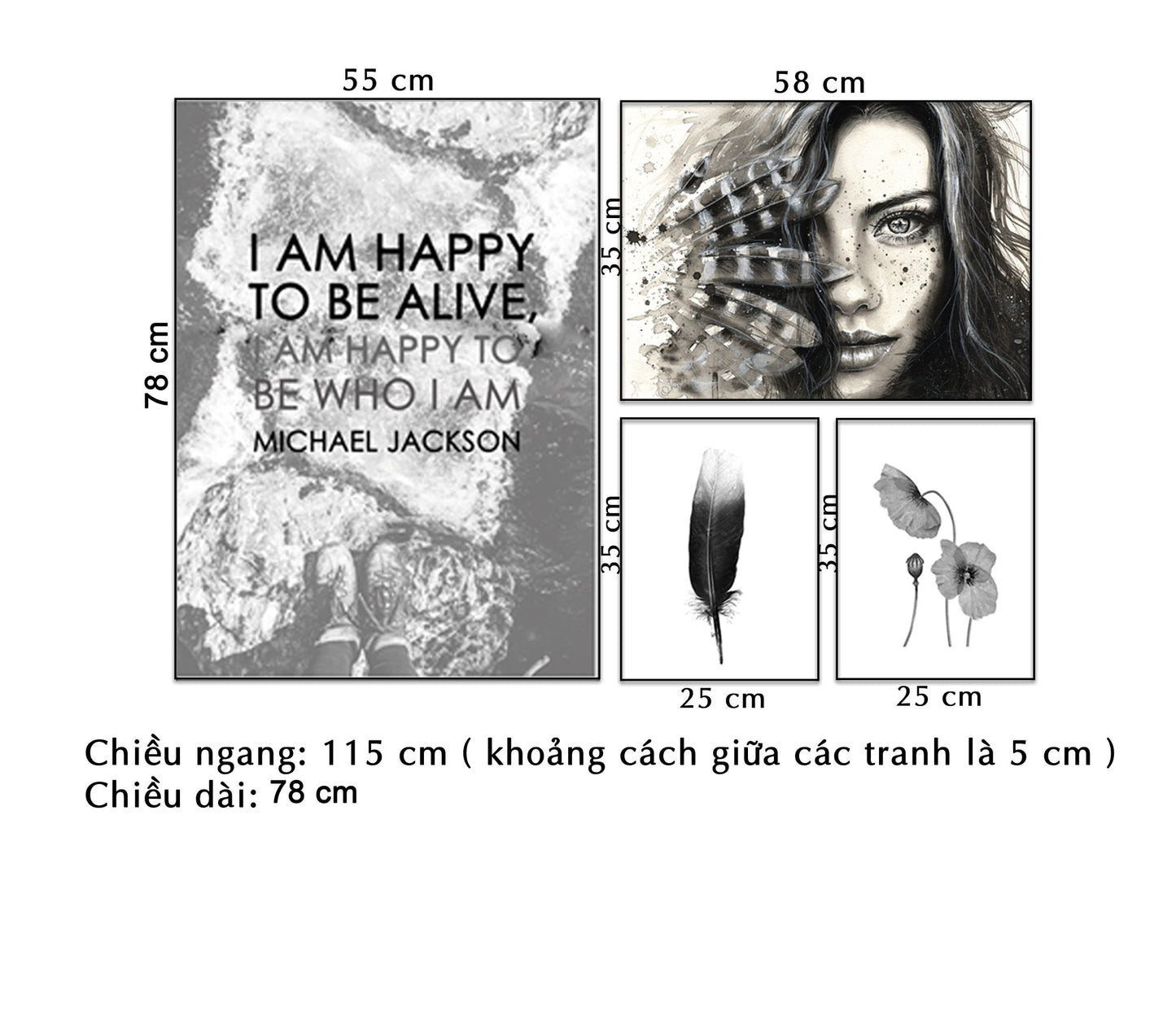 Bộ 4 Tranh Cô Gái, Lông Vũ, Cánh Hoa Và Biển Cả - NT055