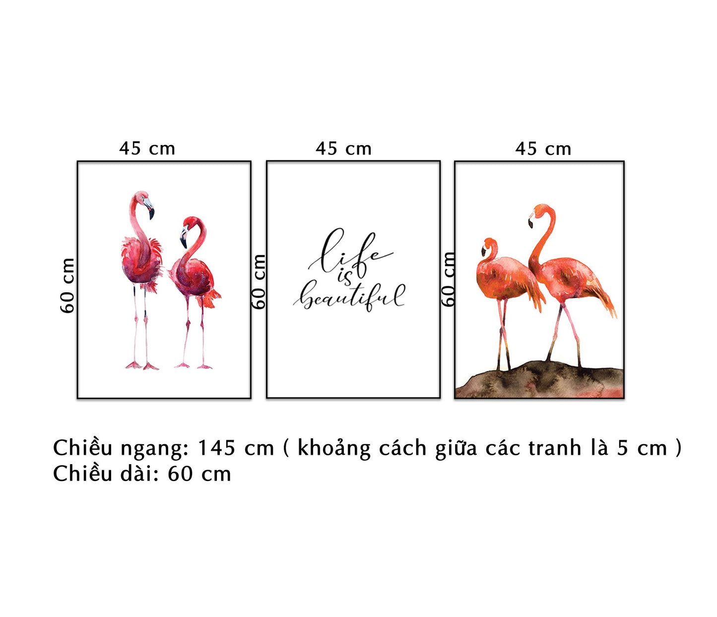 Bộ 3 Tranh Hồng Hạc Và Quotes Life Is Beautiful - NT060