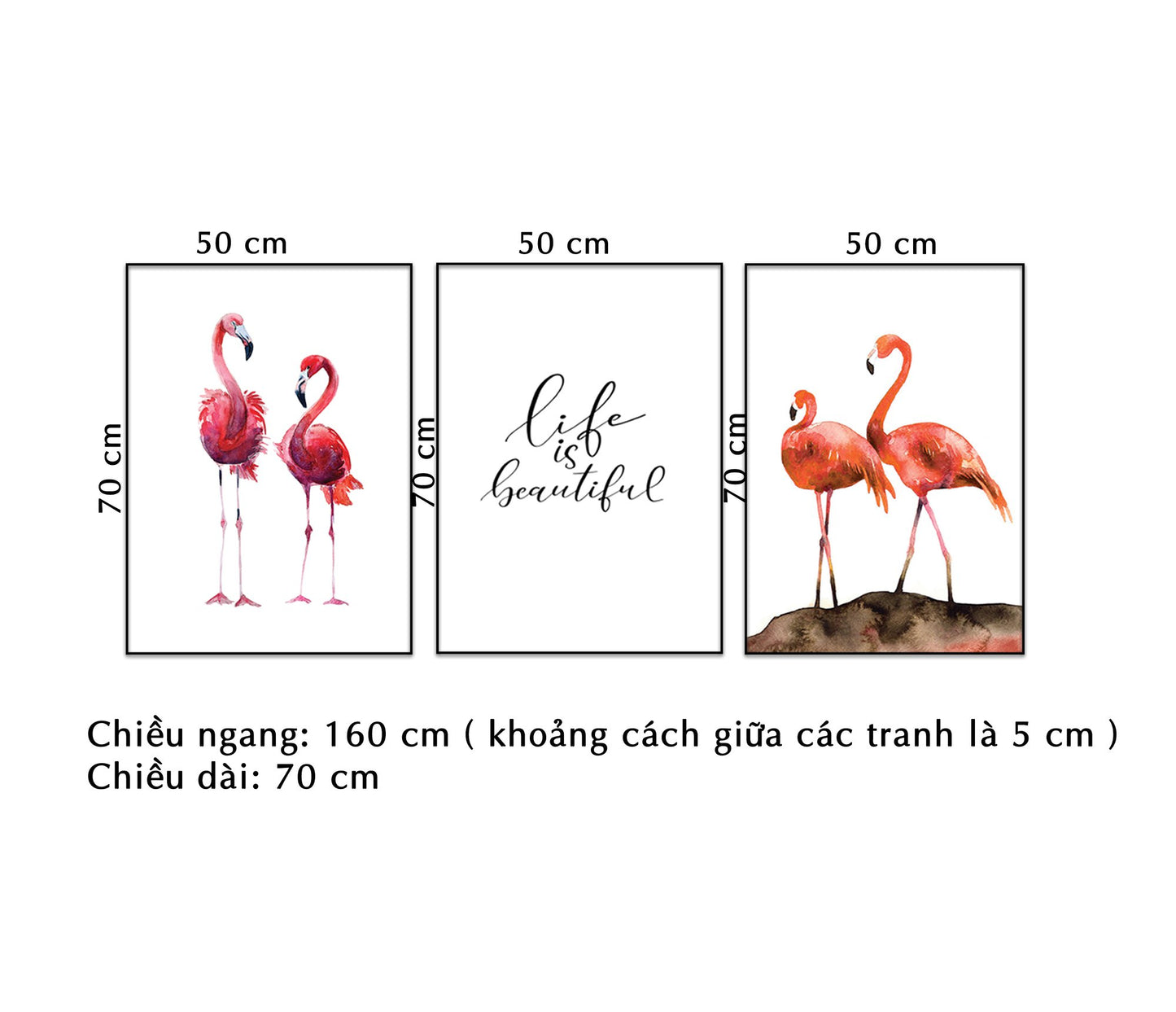 Bộ 3 Tranh Hồng Hạc Và Quotes Life Is Beautiful - NT060