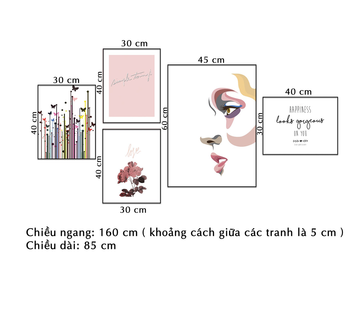 Bộ 5 Tranh Hoa Lá, Mặt Cô Gái Và Quotes - NT056