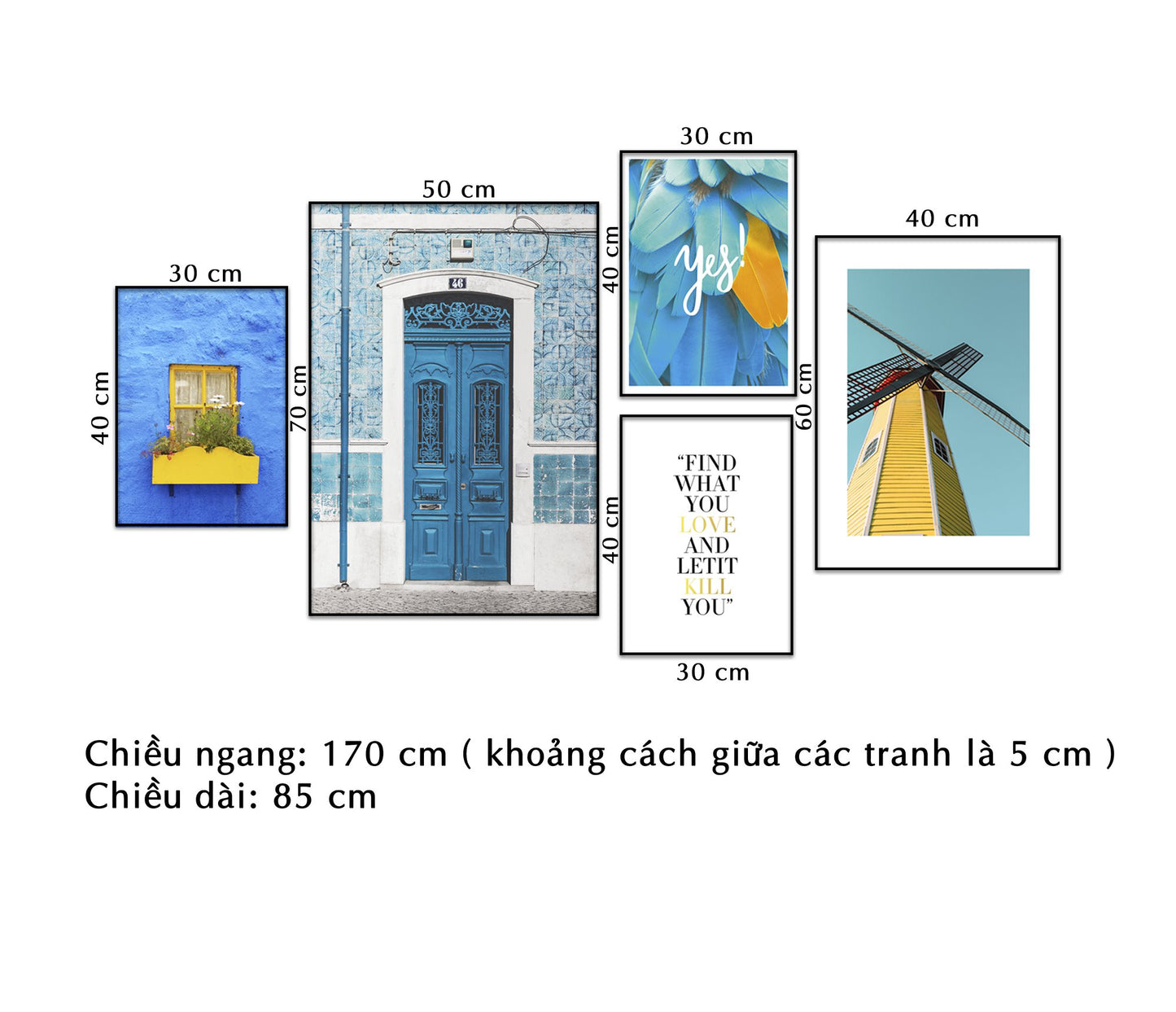 Bộ 5 Tranh Cối Xay Gió, Khung Cửa Sổ Và Quotes - NT061
